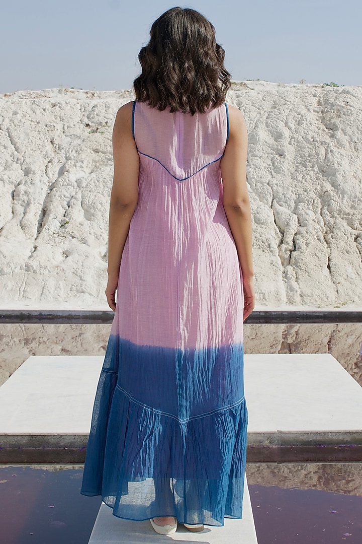 Lilac & Coral Blue Ombre Chanderi Silk Embroidered Vacation Dress by The Loom art at Pernia's Pop Up Shop