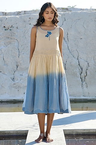 Vanilla Yellow & Blue Ombre Chanderi Embroidered Dress by The Loom art