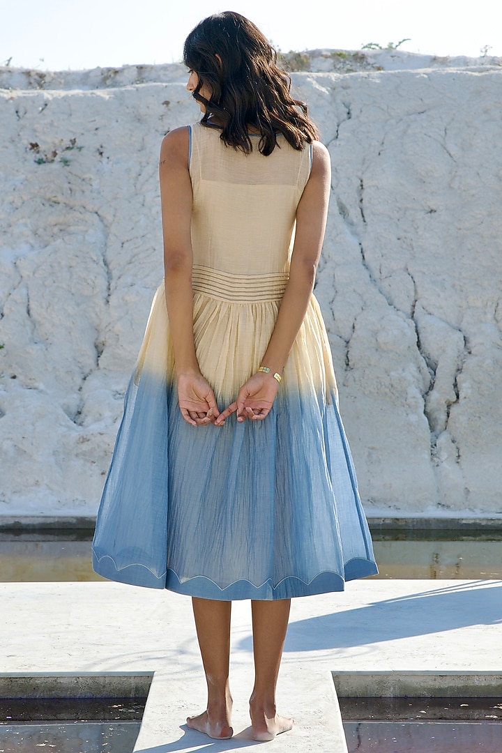 Vanilla Yellow & Blue Ombre Chanderi Embroidered Vacation Dress by The Loom art at Pernia's Pop Up Shop