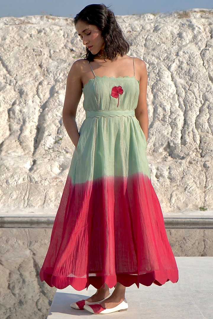 Mint Green & Crimson Red Ombre Chanderi Embroidered A-Line Dress by The Loom art