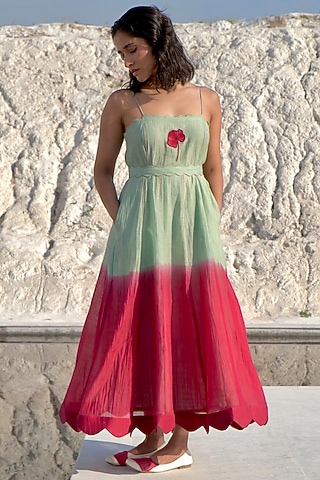 Mint Green & Crimson Red Ombre Chanderi Embroidered A-Line Dress by The Loom art
