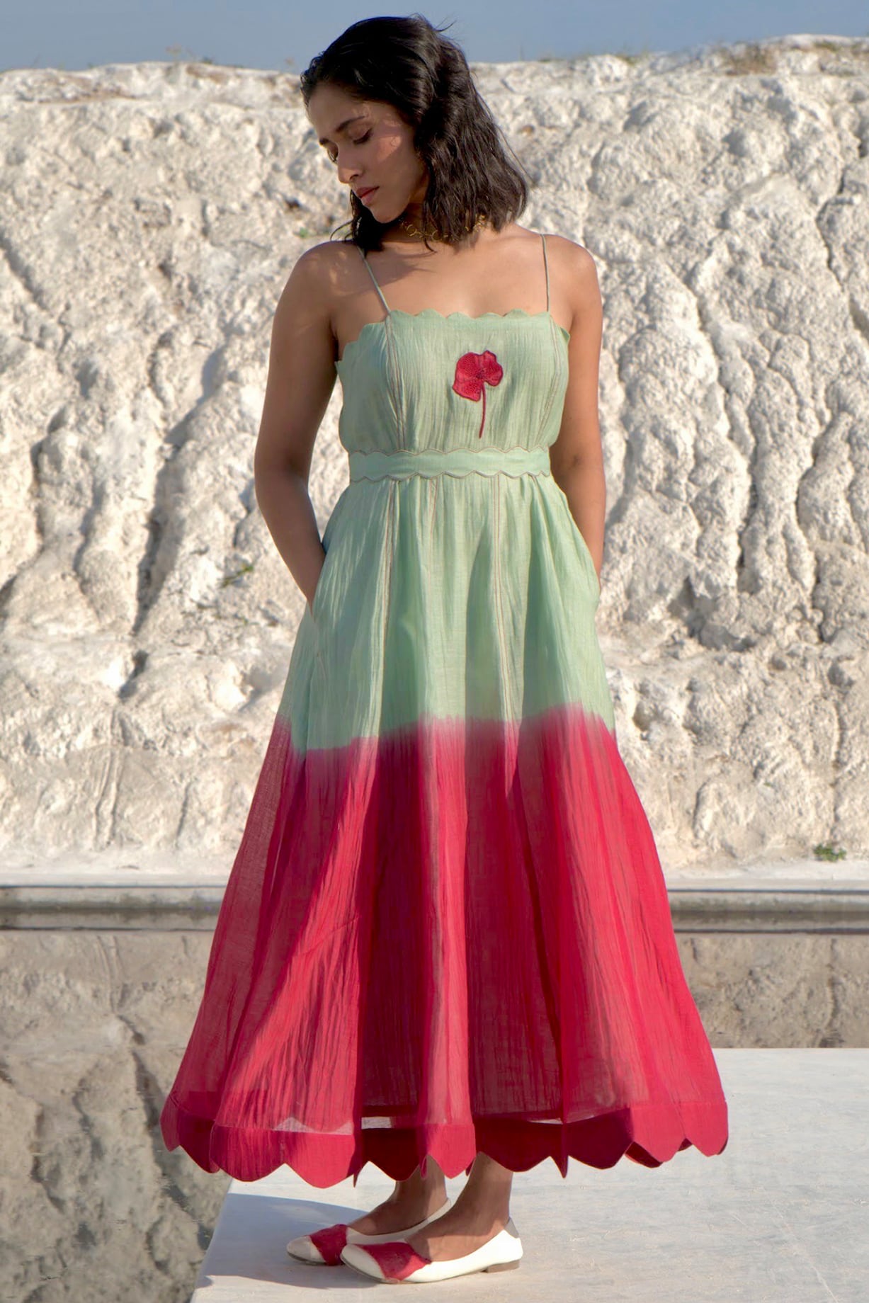 Mint Green & Crimson Red Ombre Chanderi Embroidered A-Line Vacation Dress  by The Loom art at Pernia's Pop Up Shop