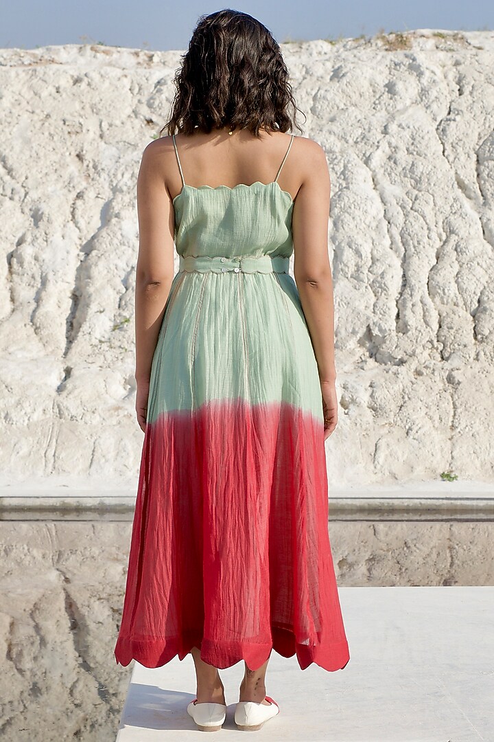 Mint Green & Crimson Red Ombre Chanderi Embroidered A-Line Vacation Dress by The Loom art at Pernia's Pop Up Shop