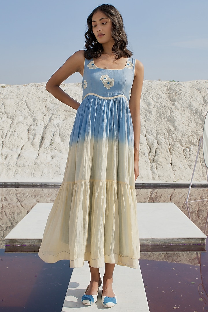 Blue & Vanilla Yellow Ombre Chanderi Embroidered Tiered Dress by The Loom art