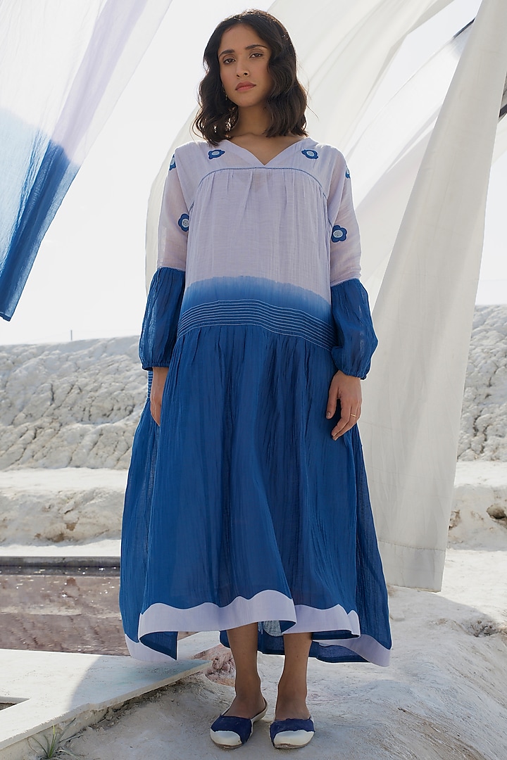 Blue Ombre Chanderi Embroidered Dress by The Loom art