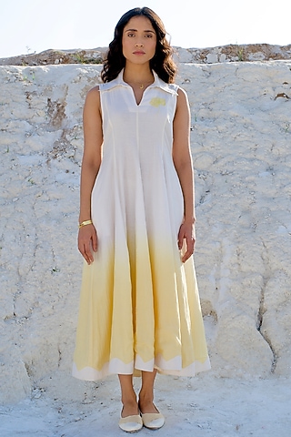 Pearl White & Vanilla Yellow Ombre Chanderi Embroidered Dress by The Loom art