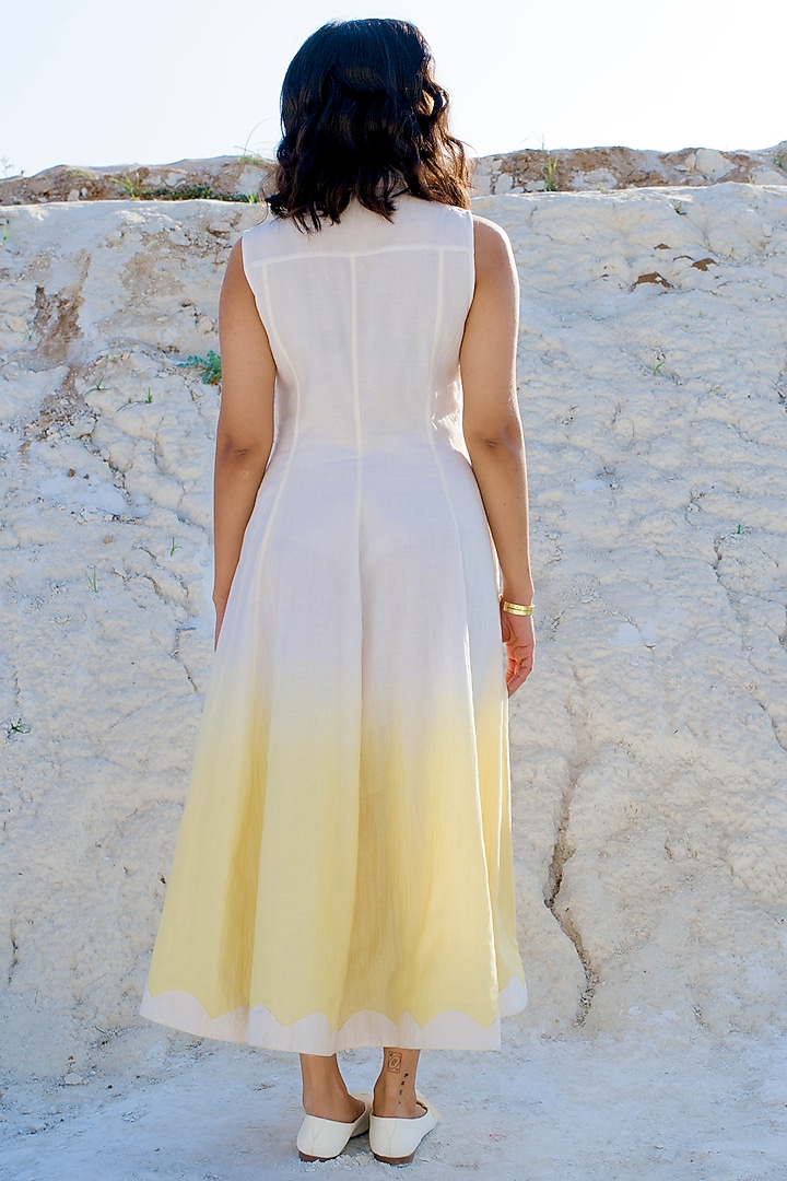 Pearl White & Vanilla Yellow Ombre Chanderi Embroidered Vacation Dress by The Loom art at Pernia's Pop Up Shop