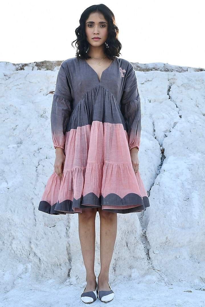 Salmon & Grey Chanderi Embroidered Tiered Dress by The Loom art