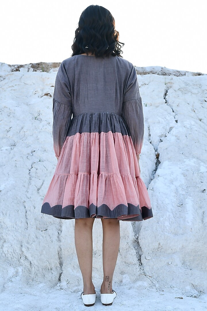 Salmon & Grey Chanderi Embroidered Tiered Summer Dress by The Loom art at Pernia's Pop Up Shop