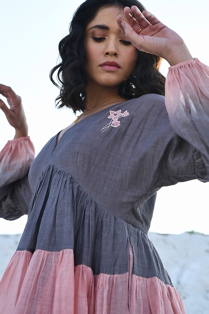 Salmon & Grey Chanderi Embroidered Tiered Summer Dress by The Loom art at Pernia's Pop Up Shop