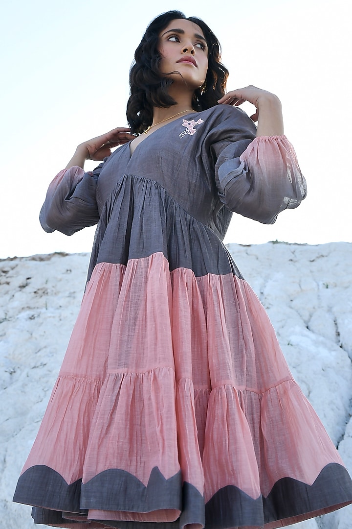Salmon & Grey Chanderi Embroidered Tiered Summer Dress by The Loom art at Pernia's Pop Up Shop