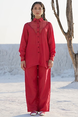Red Chanderi Silk Embroidered Co-Ord Set by The Loom art