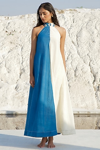 Pearl White & Cobalt Blue Chanderi Silk Embroidered Dress by The Loom art