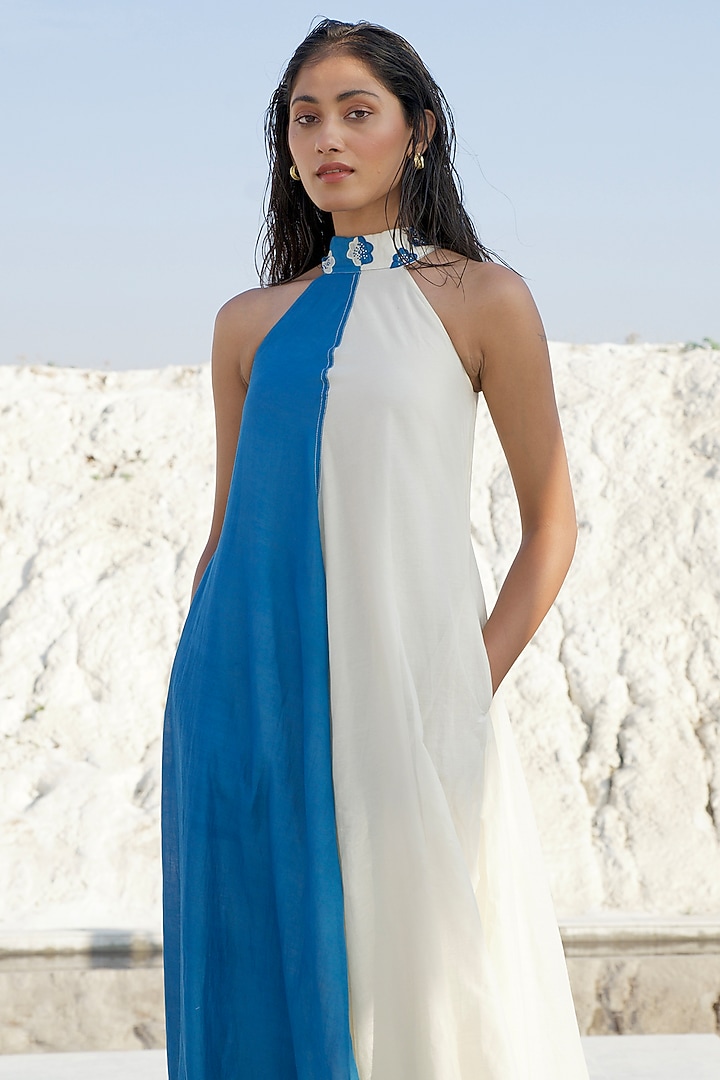 Pearl White & Cobalt Blue Chanderi Silk Embroidered Summer Dress by The Loom art at Pernia's Pop Up Shop