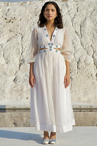 White Handwoven Chanderi Silk Embroidered Dress by The Loom art