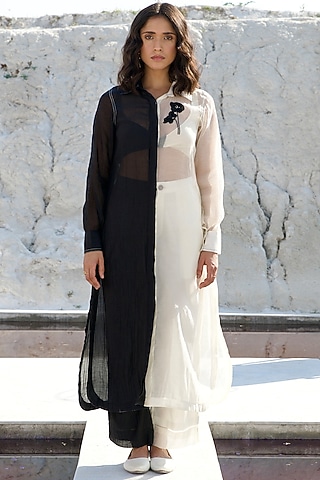 Black & Pearl White Chanderi Silk Embroidered Co-Ord Set by The Loom art