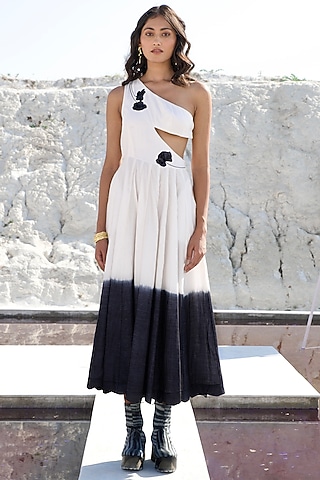 White & Black Ombre Chanderi Silk Embroidered Dress by The Loom art