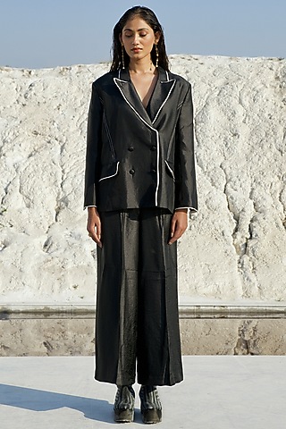 Black Handwoven Satin Silk Co-Ord Set by The Loom art