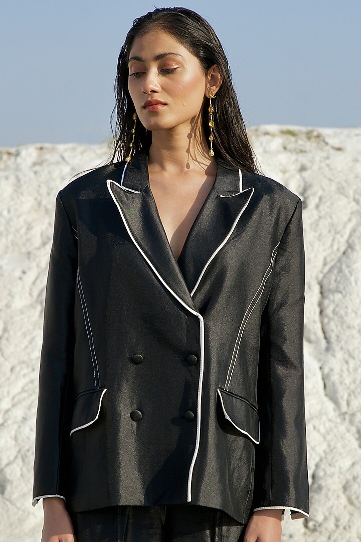 Black Handwoven Satin Silk Co-Ord Set by The Loom art at Pernia's Pop Up Shop