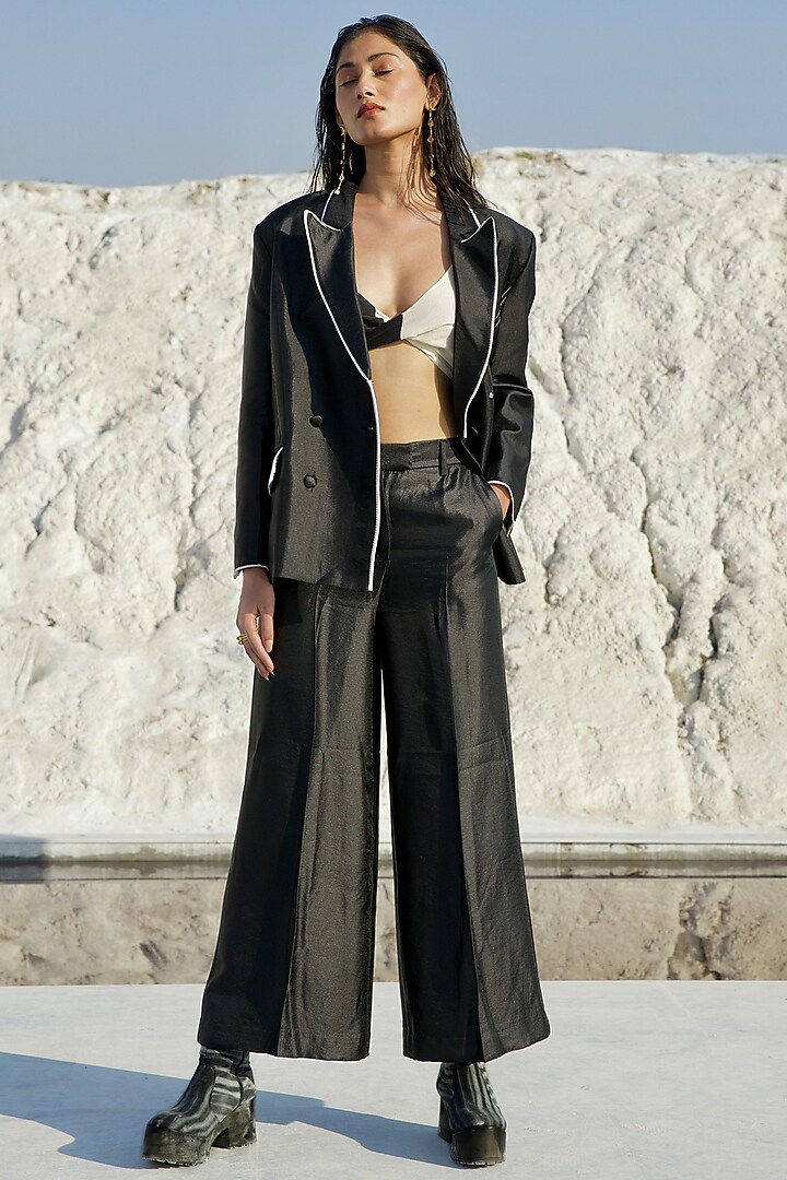 Black Handwoven Satin Silk Co-Ord Set by The Loom art at Pernia's Pop Up Shop
