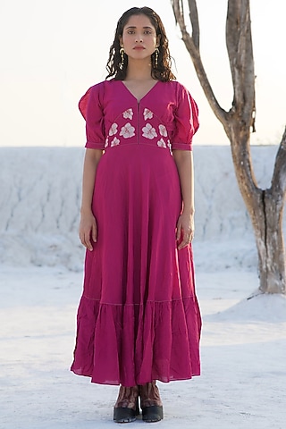 Magenta Handwoven Chanderi Silk Embroidered Dress by The Loom art