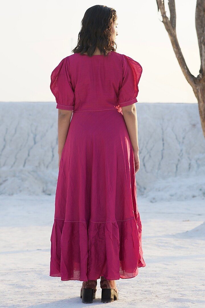Magenta Handwoven Chanderi Silk Embroidered Summer Dress by The Loom art at Pernia's Pop Up Shop