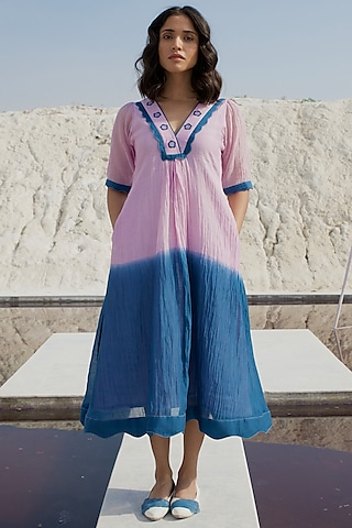 Lavender & Cobalt Blue Ombre Chanderi Silk Embroidered Dress by The Loom art