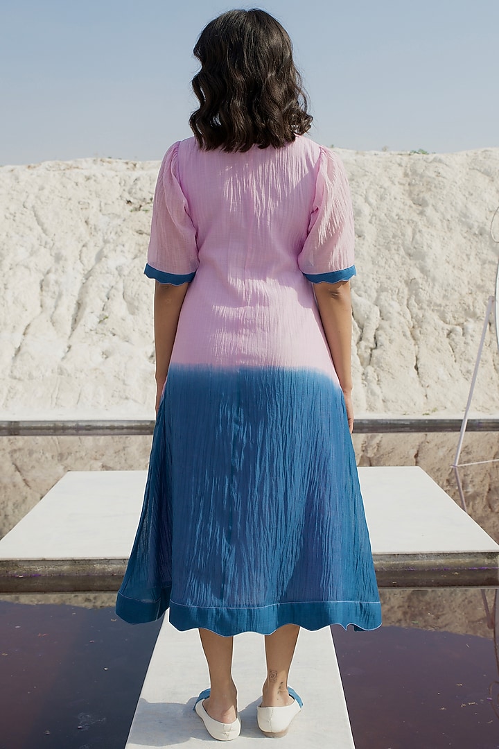 Lavender & Cobalt Blue Ombre Chanderi Silk Embroidered Summer Dress by The Loom art at Pernia's Pop Up Shop