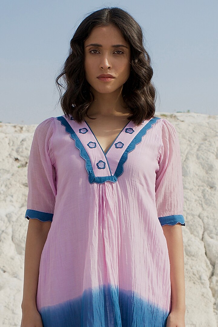 Lavender & Cobalt Blue Ombre Chanderi Silk Embroidered Summer Dress by The Loom art at Pernia's Pop Up Shop