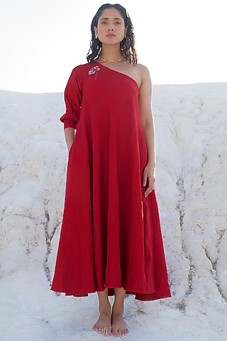 Ruby red Chanderi Silk Embroidered One-Shoulder Dress by The Loom art