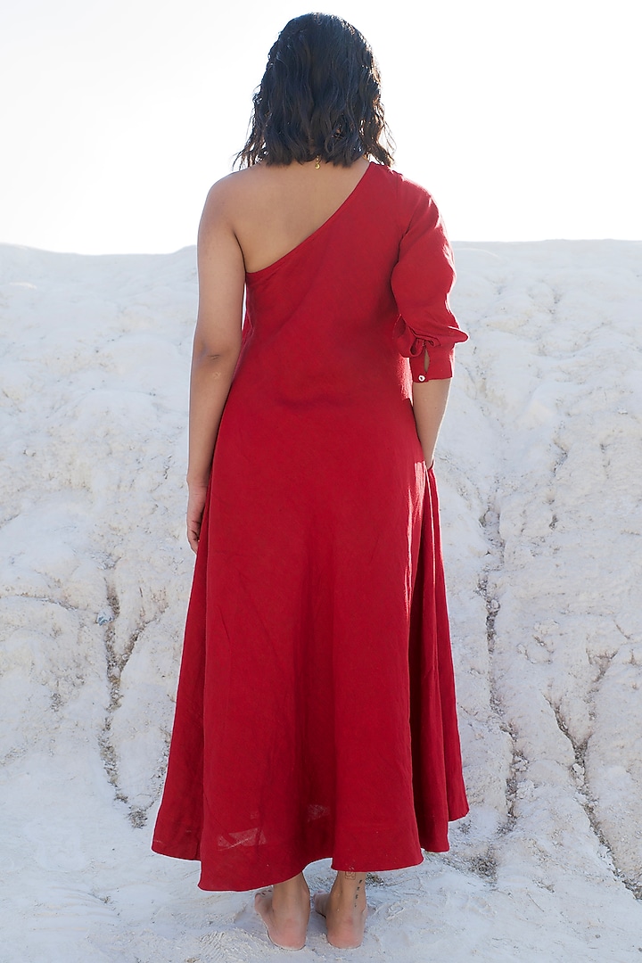 Ruby red Chanderi Silk Embroidered One-Shoulder Summer Dress by The Loom art at Pernia's Pop Up Shop