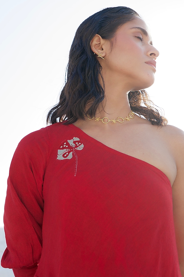 Ruby red Chanderi Silk Embroidered One-Shoulder Summer Dress by The Loom art at Pernia's Pop Up Shop