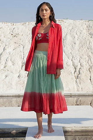 Wine Red & Mint Green Chanderi Silk Embroidered Co-Ord Set by The Loom art