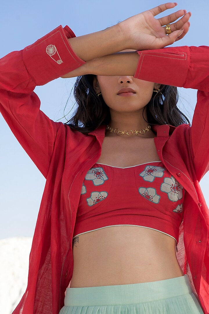 Wine Red & Mint Green Chanderi Silk Embroidered Co-Ord Set by The Loom art at Pernia's Pop Up Shop