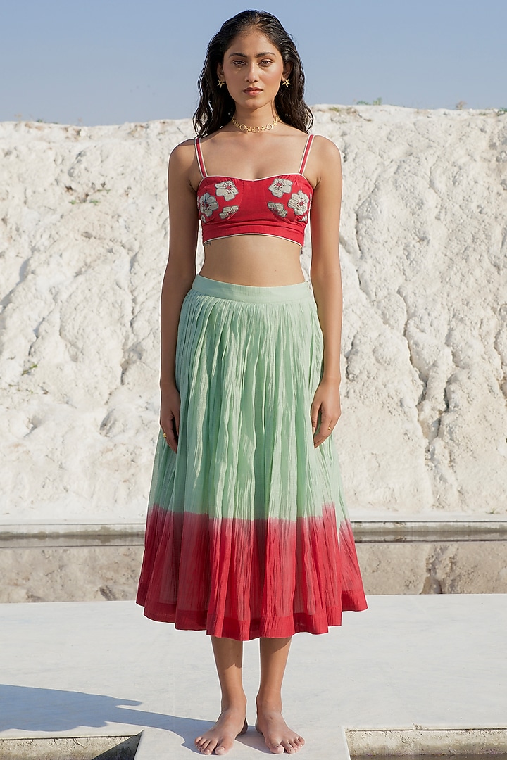 Wine Red & Mint Green Chanderi Silk Embroidered Co-Ord Set by The Loom art at Pernia's Pop Up Shop