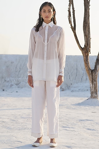 Pearl White Chanderi Silk Embroidered Co-Ord Set by The Loom art