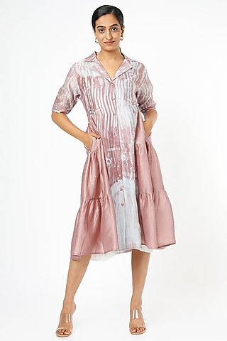 Rosewood Printed & Hand Embroidered Midi Dress by The Loom Art
