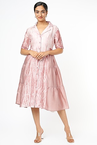Blush Pink Printed & Hand Embroidered Midi Dress by The Loom Art