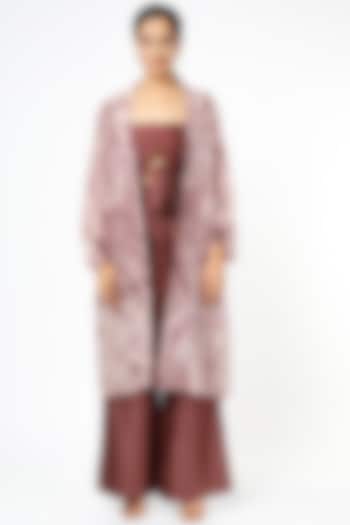 Beige & Rosewood Embroidered Jacket Set by The Loom art
