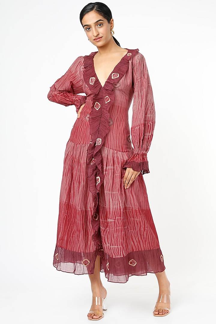 Maroon & Rosewood Embroidered Dress by The Loom art
