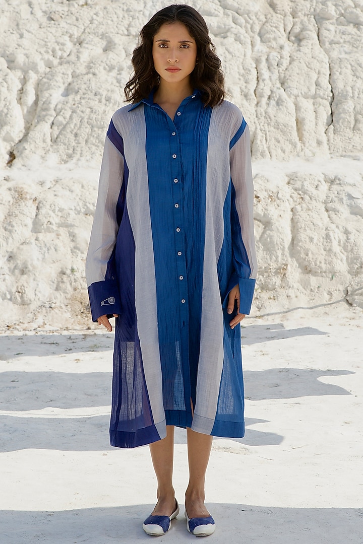 Cobalt Blue & Slate Grey Chanderi Silk Shirt Dress by The Loom art