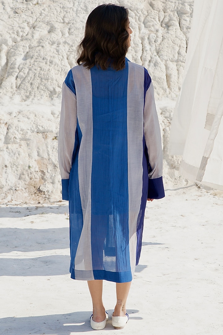 Cobalt Blue & Slate Grey Chanderi Silk Summer Shirt Dress by The Loom art at Pernia's Pop Up Shop