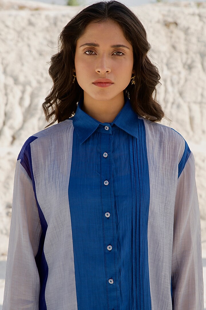 Cobalt Blue & Slate Grey Chanderi Silk Summer Shirt Dress by The Loom art at Pernia's Pop Up Shop