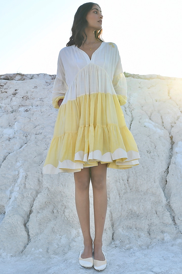 Yellow & Pearl White Chanderi Silk Tiered Dress by The Loom art