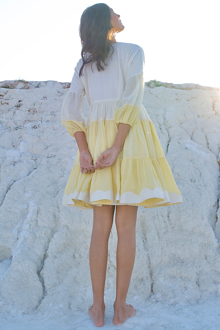 Yellow & Pearl White Chanderi Silk Tiered Summer Dress by The Loom art at Pernia's Pop Up Shop