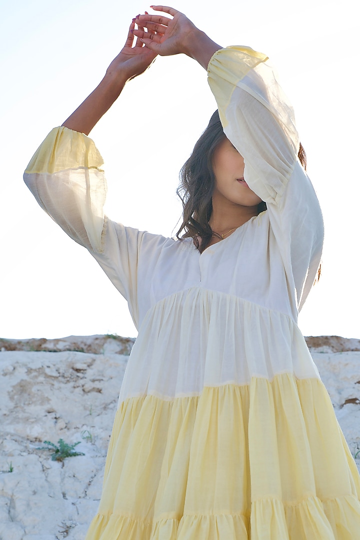 Yellow & Pearl White Chanderi Silk Tiered Summer Dress by The Loom art at Pernia's Pop Up Shop