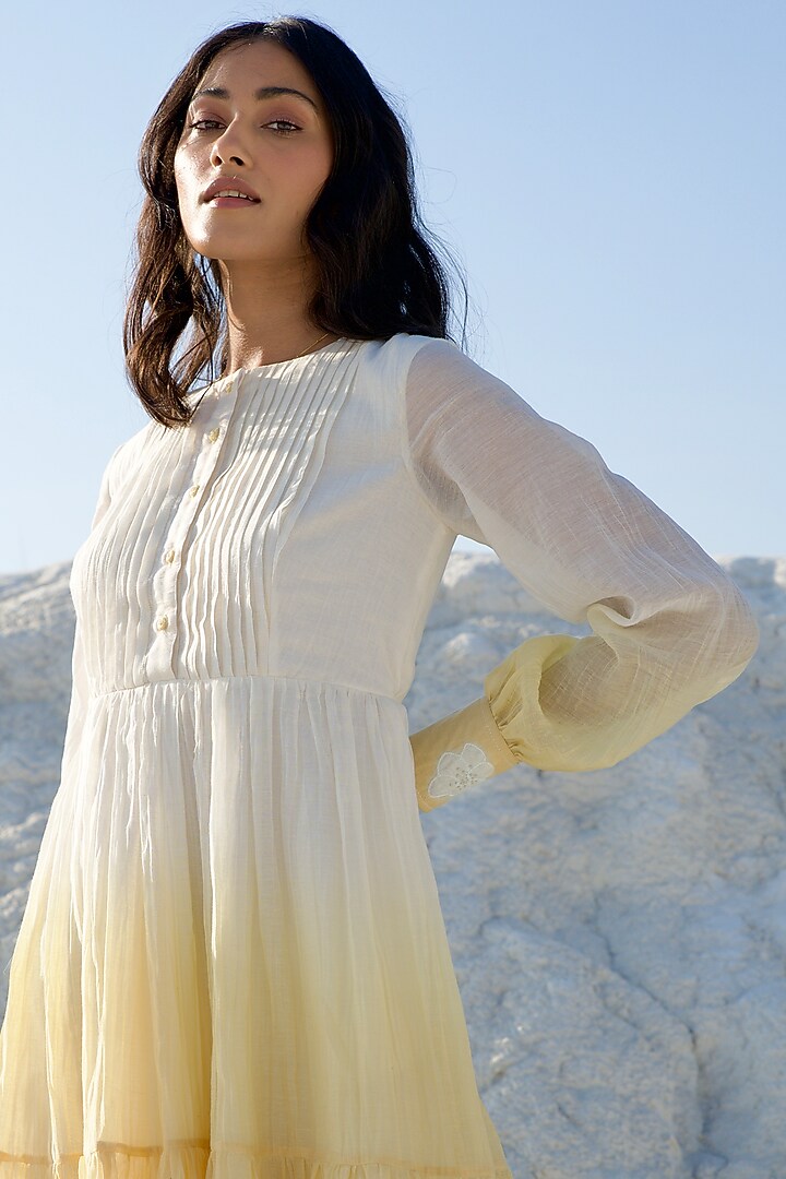 Yellow & Pearl White Chanderi Silk Embroidered Tiered Summer Dress by The Loom art at Pernia's Pop Up Shop