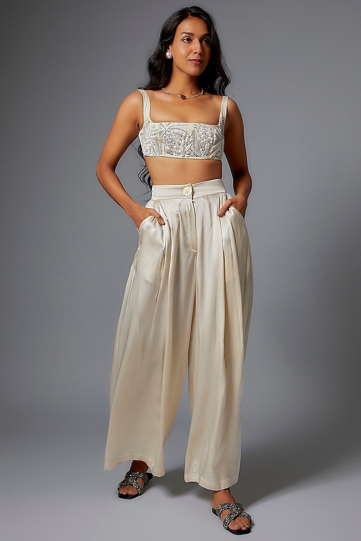 Ivory Silk Pleated Trouser Set by The little black bow at Pernia's Pop Up Shop