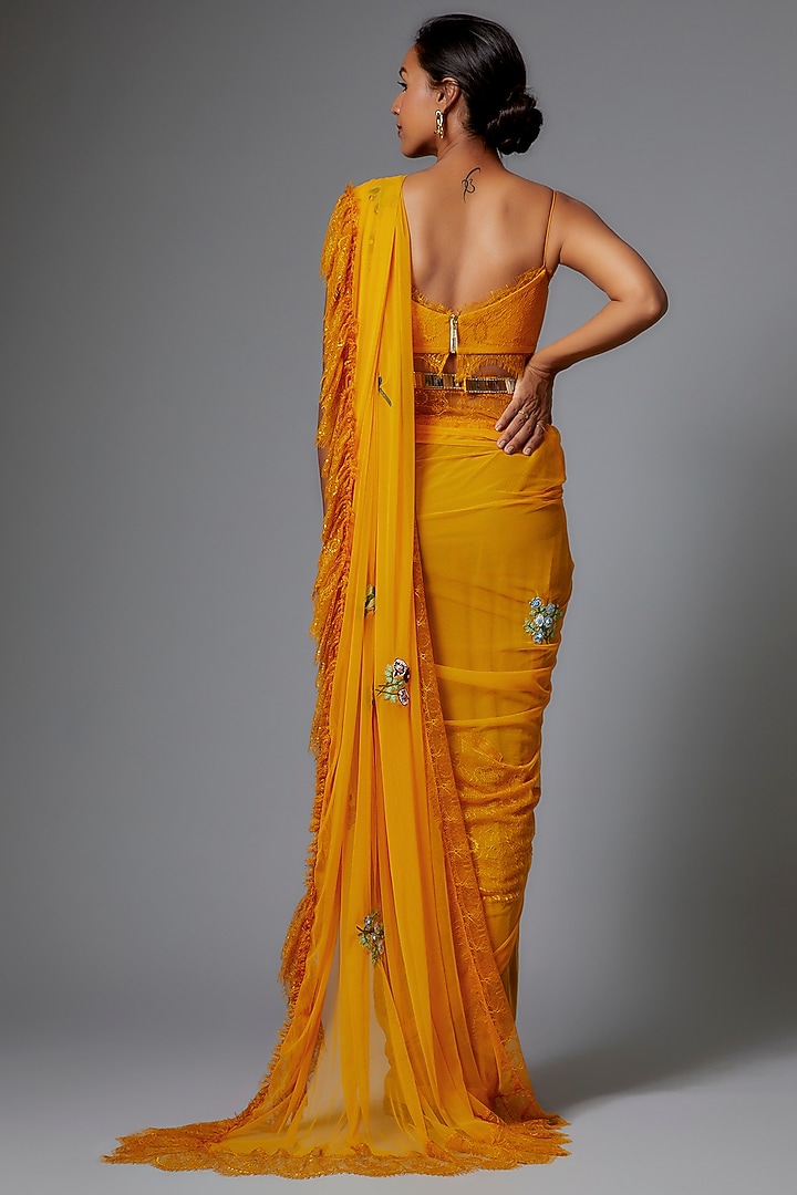 Mango Yellow Tulle & Lace Embroidered Ruffle Wedding Saree Set by The little black bow at Pernia's Pop Up Shop