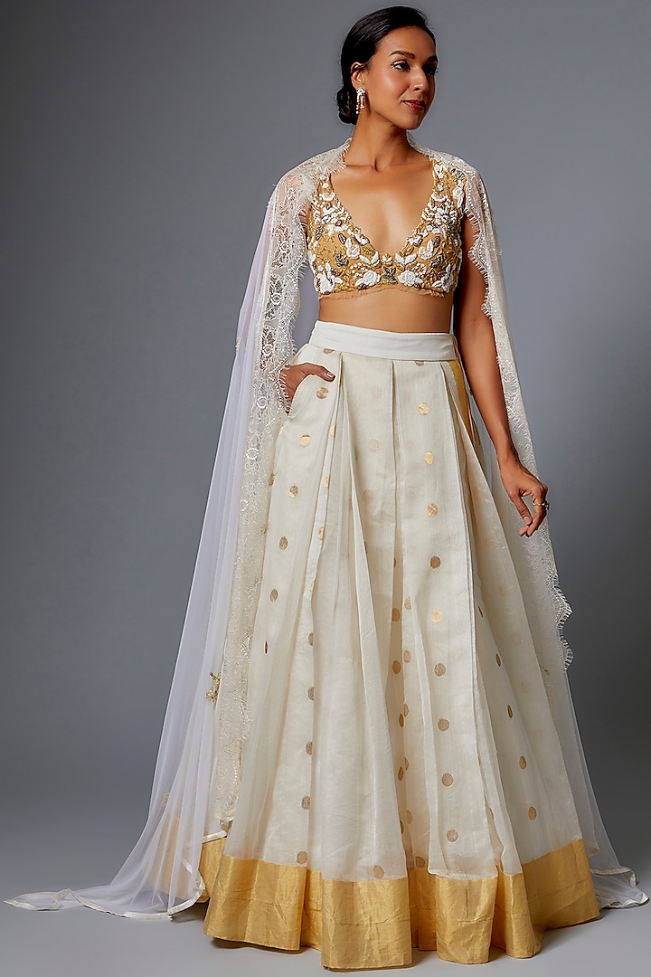 Ivory Handwoven Chanderi Silk Wedding Lehenga Set by The little black bow at Pernia's Pop Up Shop